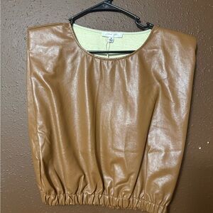 Tan Faux Leather Blouse with Shoulder Pads